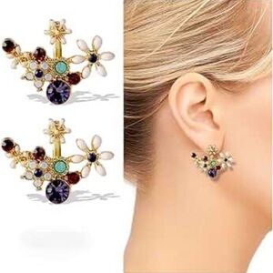Chic Floral Statement Earrings - Black, White, Pink, Blue Gem Accents - New